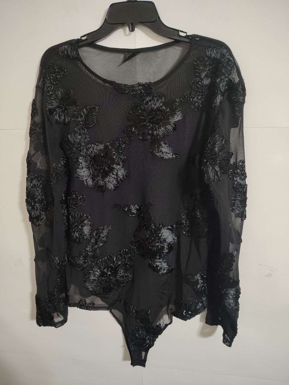 Women’s Black Floral Appliqué Sheer Bodysuit Top